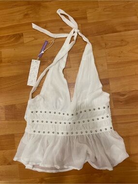 White Halter Crop Top with Stud Detail